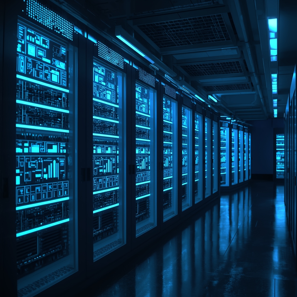 Futuristic laboratory with glowing blue holographic displays and server racks, high tech environment, cinematic lighting, no people